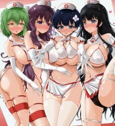 4girls areolae asymmetrical_docking bangs belt black_hair blue_eyes blue_hair blunt_bangs blush breast_squeeze elbow_gloves eyebrows_visible_through_hair female female_only flower flower_in_hair front_view garter_straps gloves green_hair hat heart heart-shaped_pupils hikage_(senran_kagura) hug ikaruga_(senran_kagura) large_breasts leaking leaking_milk light-skinned_female light_skin looking_at_viewer mash_mao medium_hair miniskirt murasaki_(senran_kagura) navel nipple_bulge nipples nipples_visible_through_clothing nurse nurse_cap nurse_uniform one_leg_up open_mouth purple_eyes purple_hair ribbon senran_kagura short_hair simple_background skindentation skirt slit_pupils smile standing straight_hair sweat sweatdrop thick_thighs thigh_strap thighhighs tongue_out very_long_hair yellow_eyes yozakura_(senran_kagura)