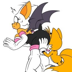 1boy 1boy1girl 1girls ass bent_over big_ass big_breasts breasts embarrassed embarrassed_female face_in_ass female hyoumaru male robinebra rouge_the_bat sega simple_background sonic_(series) sonic_the_hedgehog_(series) tails_the_fox thick_thighs white_background