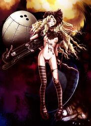 alice_in_wonderland alice_liddell blonde_hair blue_eyes body_writing bottomless bow breastless_clothes breasts chainsaw clothes crotchless_clothes dark dual_wielding female flat_chest hairbow high_heels legs long_hair mad_hatter navel nekonpo nipples open_mouth public_domain pussy ribs shoes solo striped striped_legwear striped_thighhighs sunset sweat sword thighhighs torn_clothes torn_thighhighs ueda_metawo very_long_hair weapon