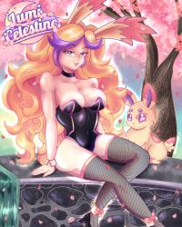 big_breasts blonde_hair bunny_ears bunny_girl bunnysuit cherry_blossoms choker easter fishnet_legwear fishnets high_heels indie_virtual_youtuber long_hair lumi_celestine_(vtuber) multicolored_hair petals purple_hair sakura_tree sfw sitting thick_thighs thighhighs virtual_youtuber vtuber waterfall