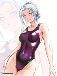 1girls alternate_costume alternate_hairstyle edelgard_von_hresvelg etchimune fire_emblem fire_emblem:_three_houses hair_ribbon hair_tied_back light-skinned_female light_skin looking_at_viewer nintendo one-piece_swimsuit purple_eyes purple_one-piece_swimsuit purple_swimsuit skin_tight swimsuit twitter_username white_hair