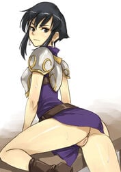 1girls armor ass black_hair censored dress earrings exposed_pussy female female_only fire_emblem fire_emblem:_genealogy_of_the_holy_war grey_eyes gus_(clarkii) jewelry larcei_(fire_emblem) pussy short_hair solo sweat