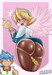 ass big_butt blonde_hair blue_clothing blue_eyes blue_hair blue_topwear blush blush_lines bodily_fluids breath_of_fire brown_clothing brown_legwear brown_tights camel_toe capcom clothing duo eyelashes feathered_wings feathers female genital_fluids grinding hair hi_res holding_object holding_staff human humanoid jewelry legwear looking_back male mammal necklace nina_(breath_of_fire_iv) open_mouth pink_background pink_body pink_feathers pummies rear_view ryu_(breath_of_fire_iv) short_hair simple_background smile staff sweat sweatdrop tan_body tan_skin thick_thighs tights topwear translucent translucent_wings vaginal_fluids white_background white_clothing white_topwear wide_hips winged_humanoid wings yellow_eyes