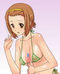 bikini breasts brown_eyes brown_hair censored female hairband human human_only k-on! male mine_(peak) nipples paizuri paizuri_under_clothes penis pointless_censoring ritsu_tainaka_(k-on!) see-through short_hair straight swimsuit wet