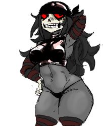 1girls bandana big_ass big_butt black black_hair bom_(ghastlybum) breasts colored crop_top female female_focus female_only front_view ghastlybum grey_body long_hair panties red_sclera scared_bum skull_head solo solo_female solo_focus sona_(scared_bum) striped_armwear striped_legwear tagme thick thick_thighs thighhighs thighs wrapped_arms