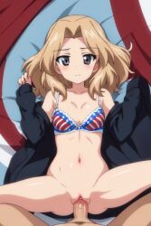 ai_generated coat girls_und_panzer kay_(girls_und_panzer) laying_on_bed missionary neutral_expression penetration pov small_breasts smaller_female vaginal_penetration