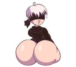 1boy ass big_ass blindfold bottomless bubble_butt clothing fat_ass_femboy femboy huge_ass light-skinned_male light_skin male male_focus male_only maloneedscoffee nier nier:_automata rear_view short_hair solo trap white_background white_hair yorha_9s