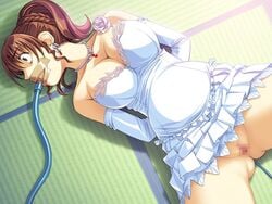 1girls bondage breasts brown_hair censored cleavage detached_sleeves dress earrings enema female female_focus female_only floor gag gagged game_cg green_eyes inflation jewelry kogure_mayumi large_breasts lying necklace no_panties on_back on_floor pipelining ponytail pussy solo spread_legs supine surprised tape_gag tied_hair wakazuma_mangekyo wedding_dress yuzuchichi