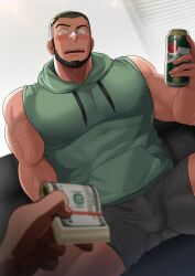 1boy absol_(dkqthf) bara beard blush bulge clothing male male_only muscular_male penis_outline tight_clothing