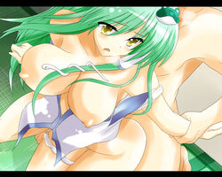 bare_shoulders blush bottomless breasts breath frog green_hair hair_ornament large_breasts long_hair open_mouth panties panties_around_one_leg sanae_kochiya sex snake touhou underwear wedge yellow_eyes