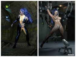 1girls 3d before_and_after bondage bound bound_ankles bound_wrists completely_nude completely_nude_female dark_skin dark_skinned_female nude nude_female original original_character purple_hair shytimide superheroine