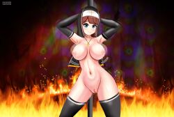 blas7hatvga blue_eyes bouncing_breasts breasts brown_hair completely_naked dancing exhibitionism eyes female fire hand_behind_head landscape naked_female nude nude_female nun nun's_habit nun_outfit original presenting public_nudity ryuko_mitsuka_(blas7hatvga) stripper_pole teasing thighhighs wallpaper