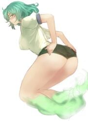 ass big_ass blush breasts buruma commentary_request female ghost ghost_girl ghost_tail green_eyes green_hair gym_uniform large_breasts mature_female milf older_female profile puffy_short_sleeves puffy_sleeves short_sleeves sketch soga_no_tojiko solo terrajin thick_thighs thighs touhou white_background