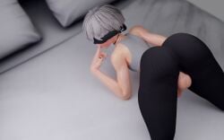 1boy 3d ass balls bed big_ass blindfold clothing erect_penis erection femboy light-skinned_male light_skin male male_focus male_only nier nier:_automata pancaekk pancaekkk penis penis_out short_hair solo testicles trap white_hair yorha_9s