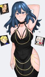 2boys 2girls absurdres alternate_costume arm_behind_head artist_name bare_shoulders black_dress blue_eyes blue_hair blush breasts byleth_(female)_(fire_emblem) byleth_(fire_emblem) byleth_(fire_emblem)_(female) claude_von_riegan cleavage_cutout clothing_cutout dimitri_alexandre_blaiddyd dress edelgard_von_hresvelg faceless faceless_male female fire_emblem fire_emblem:_three_houses garreg_mach_monastery_uniform halterneck highres hip_vent kgctcg large_breasts long_hair looking_at_viewer meme_attire modakawa_dress multiple_boys multiple_girls nintendo o-ring o-ring_dress small_breasts smile solo_focus thumbs_up upside-down