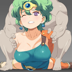 asymmetrical_clothes blush breasts circlet cleavage clothes clothing collarbone curly_hair dragon_quest dragon_quest_iv earrings female female_protagonist forced green_hair heroine_(dq4) highres human jewelry large_breasts male medium_breasts nora_higuma one_thighhigh purple_eyes short_hair single_thighhigh stockings thighhighs uncensored