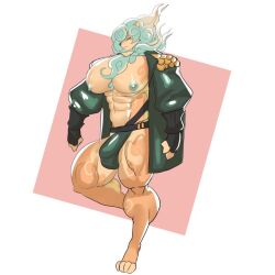 abs anthro biceps big_bulge big_muscles big_pecs blue_hair bulge canid canine canis clothing demondragoncyan dislyte domestic_dog dragon eastern_dragon eyewear fu_shi_(dislyte) fur hair huge_pecs hybrid hyper_pecs jacket lilith_games looking_at_viewer male mammal mane mostly_nude multicolored_hair muscular muscular_anthro muscular_male mythological_creature mythological_scalie mythology nipples orange_body orange_fur paws pecs scalie solo topwear two_tone_hair