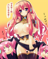 black_legwear black_thighhighs blue_eyes blush breasts censored dual_persona embarrassed female large_breasts long_hair megurine_luka navel nipples no_panties pink_hair pussy takoluka thighhighs translated vocaloid