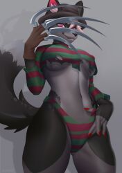 absurd ansart anthro bikini black_body breasts canid canine claws clothing cosplay costume female fluffy fluffy_tail fox freddy_krueger hair halloween hat headgear headwear hi_res holidays mammal nightmare_on_elm_street pink_hair red_eyes slim small_waist solo swimwear tail under_boob