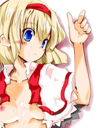 after_sex alice_margatroid blonde_hair blue_eyes blush breasts cum cum_on_body cum_on_breasts cum_on_upper_body facial female female_only hairband highres human lying open_clothes open_shirt shawl shirt short_hair solo takara_akihito touhou