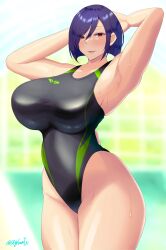 1girls arms_behind_head big_breasts breasts busty curvaceous curvy curvy_body curvy_female curvy_figure female hands_behind_head huge_breasts large_breasts original original_character purple_hair skyloveit swimsuit thick_thighs thighs voluptuous