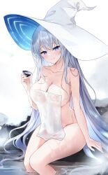 bedroom_eyes blush half-closed_eyes large_breasts naked_towel onsen original original_character partially_submerged sake sake_dish seductive seductive_look seductive_smile thick_thighs white_hat wide_hips witch witch_hat