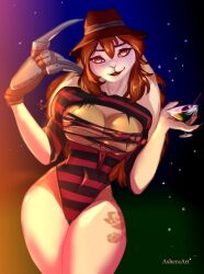 asheraart claws clothing cosplay costume female freddy_krueger furry halloween hi_res holidays lagomorph leporid mammal nightmare_on_elm_street party pinup pose rabbit scary solo