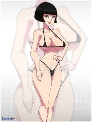 1girls alternate_costume bikini black_hair bob_cut breasts clarence confident female female_only hand_on_hip human large_breasts layerth ms_mushburgur navel polka_dot_background pose posing seductive seductive_smile sensual solo swimsuit white_background