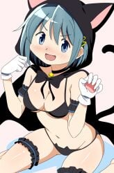 1girls armpit_crease bell belly belly_button black_bra black_cape blue_eyes blue_hair blush bow bowtie bra breasts cape cat_gloves cat_hood cat_outfit cat_panties cat_tail catgirl choker choker_bell female_only frilled_garter frills garters gloves hair_ornament hairclip mahou_shoujo_madoka_magica medium_breasts miki_sayaka navel open_mouth panties paws puella_magi_madoka_magica ribbon short_hair sitting solo sora_nyan thighs white_gloves