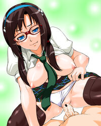 1girls blue_eyes breasts brown_hair censored clothed_sex clothing cum cum_inside cute_fang fang_smile female girl_on_top glasses highres human large_breasts light-skinned_female light_skin long_hair mari_illustrious_makinami necktie neon_genesis_evangelion panties panties_aside pov rebuild_of_evangelion sex shinama skirt smile stockings thighhighs underwear