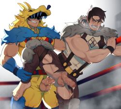 2boys anal anal_sex ass balls bara beowulf_(skullgirls) big_balls big_penis blush clothing cum cum_drip cum_dripping_from_penis dominant dominant_male domination erection gay gay_anal gay_domination gay_sex genital_fluids male male/male male_only male_penetrated male_penetrating_male muscular_male penetration penis sex skullgirls tight_clothing