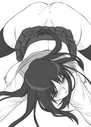 ass blush breasts clothing cum cum_on_ass cum_on_body cum_on_lower_body kurusugawa_ayaka large_breasts long_hair monochrome nipples school_uniform shichimenchou simple_background skirt stockings thighhighs to_heart to_heart_(series)