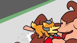 animated anthro big_penis bodily_fluids canbirts canid canine cum donkey_kong_(character) donkey_kong_(series) duo fox fox_mccloud genital_fluids genitals haplorhine hi_res huge_cock loop male male/male mammal monkey nintendo no_sound nude on_model open_mouth penis precum primate star_fox super_smash_bros. toony