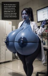 1girls after_squeeze ai_generated asian asian_female ass_expansion big_areola big_ass big_breasts big_nipples black_hair black_leggings blue_skin blueberry_inflation breast_expansion dialogue expansion hgswells9000 inflation labcoat lactation leggings long_hair ponytail stable_diffusion