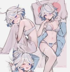 1girls bed_sheet blue_eyes blush bra breasts female female_only furina_(genshin_impact) genshin_impact lingerie looking_at_viewer nonude panties petite pillow small_breasts smile solo sooon teasing thighhighs underwear white_bra white_hair wink winking_at_viewer