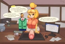 1futa 5_fingers absurd_res animal_crossing anthro balls big_breasts big_penis bite biting_lip biting_own_lip blonde_hair blush bodily_fluids bottomwear breasts brown_eyes canid canine canis clothed clothing curvy_figure desk dialogue domestic_dog dress_shirt embarrassed erection erection_under_skirt fingers first_person_view fur furniture furry futa_only futanari genital_fluids genitals glans gynomorph hair hanger heart_symbol hi_res huge_cock humanoid_genitalia humanoid_penis intersex isabelle_(animal_crossing) leaking_precum mammal narrowed_eyes nintendo nipple_outline office oliversart penis pink_glans precum shih_tzu shirt skirt solo_focus speech_bubble sweat sweatdrop sweaty_face table talking_to_viewer teeth text thick_penis topwear toy_dog vein veiny_penis wide_hips yellow_body