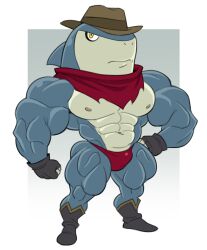 2023 abs analon_(artist) anthro boots clothing fedora fish footwear gay gloves handwear hat headgear headwear hi_res indiana_jaws_(yo-kai_watch) kerchief level-5 male marine muscular muscular_anthro muscular_male neckerchief nipples pecs shark solo speedo swimwear yo-kai_watch