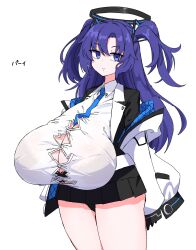 1girls bare_legs black_bra black_skirt blazer blue_archive blue_eyes blue_hair bra bra_visible_through_clothes breasts_bigger_than_head bursting_breasts button_down_shirt button_gap cleavage dr_yamero female female_only halo huge_breasts light-skinned_female light_skin long_hair looking_at_viewer sagging_breasts simple_background skirt solo thighs twintails white_background yuuka_(blue_archive)