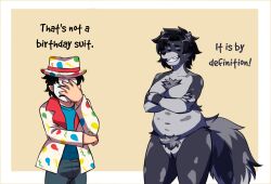 anthro areola ass belly birthday black_hair black_sclera breasts canid canine canis casual_exposure casual_nudity chest_tuft clothed clothing crossed_arms duo facepalm female fluffy fluffy_tail fur genitals grey_areola grey_body grey_fur hair hat headgear headwear human lilithdog male mammal mask pubes pussy size_difference slightly_chubby smile spots standing tail text thick_thighs toothy_grin tuft white_belly wolf zairuz