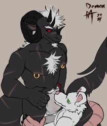 2024 absurd_res anthro black_body black_sclera bovid caprine clothing demonrat demos_(demonrat) duo father_(lore) father_and_child_(lore) father_and_son_(lore) fur goat green_eyes grey_body grey_fur hi_res male male/male mammal murid murine nipple_piercing nipples parent_(lore) parent_and_child_(lore) parent_and_son_(lore) piercing pleg_(demonrat) rat red_eyes rodent son_(lore) underwear