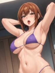 1female 1girls ai_generated armpits arms_behind_head bikini breasts brown_eyes brown_hair female female_only grand_blue kotegawa_chisa looking_at_viewer nipples_covered short_hair tongue_out