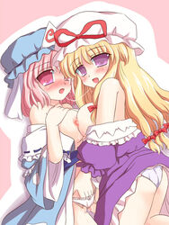 2girls after_kiss bare_shoulders blonde_hair blush breast_press breasts female fingering hand_in_another's_panties hand_in_panties hat japanese_clothes kimono large_breasts long_hair multiple_girls nipples panties pink_eyes pink_hair purple_eyes pussy_juice ry saliva saliva_trail short_hair symmetrical_docking touhou underwear white_panties yukari_yakumo yuri yuyuko_saigyouji