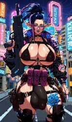 1futa ai_generated ammunition_belt ammunition_pouch big_ass big_balls big_breasts big_butt big_cock big_penis big_testicles big_thighs black_hair blue_eyes blue_fingernails blue_lipstick bulge bulge_through_clothing bulging_breasts chest_harness cyberpunk elf elf_ears elf_futanari futa_only futanari glasses gun highlights_(coloring) holding_gun holding_weapon huge_ass huge_balls huge_breasts huge_butt huge_cock huge_testicles huge_thighs intersex knife leather_jacket maximum_dee_(original_character) multicolored_hair muscular_futanari muscular_intersex nai_diffusion nail_polish novelai original_character pistol ponytail pouches puffy_areolae puffy_nipples science_fiction sdxl shadowrun sheath stable_diffusion street submachine_gun tattooed_thigh tattoos