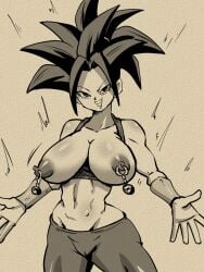 1girls big_breasts black_eyes black_hair breasts dragon_ball_super female_focus female_only fusion hips kefla monochrome rickert_kai saiyan smile universe_6 universe_6_girls