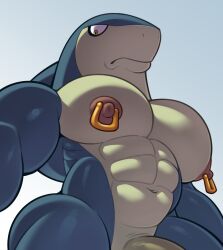 2023 abs analon_(artist) anthro fish gay genitals hi_res indiana_jaws_(yo-kai_watch) level-5 looking_at_viewer male marine muscular muscular_anthro muscular_male navel nipple_piercing nipple_ring nipples pecs penis piercing ring_piercing shark solo yo-kai_watch