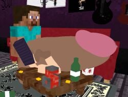 1boy 1girls beer beer_bottle crushed_by_penis dark-skinned_male dick_on_face dirty_room huge_cock jenny_belle_(slipperyt) male_focus minecraft odysseyellie penis_crush size_difference soda soda_can steve_(minecraft) striped_legwear table