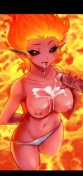 black_sclera bra_strap collarbone cum_in_mouth cum_on_breasts dick fire fire_hair lava monster_girl naama_(sinful_puzzle) nail_polish nails pointy_ears red_eyes red_skin sinful_puzzle tagme white_panties