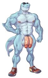 2017 2_penises abs analon_(artist) anthro balls body_hair chest_hair clothing derrik_(testosterone) diphallia diphallism fish footwear footwear_only genitals humanoid_genitalia humanoid_penis looking_at_viewer male marine mostly_nude multi_genitalia multi_penis muscular muscular_anthro muscular_male nipples pecs penis pubes shark shoes shoes_only solo vein veiny_muscles veiny_penis