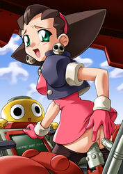 brown_hair capcom censored clothed_sex earrings female gloves hairband hands_on_own_ass imminent_anal jewelry kobun machine_sex mega_man mega_man_legends pantyhose servbot skirt_up smooth_skin tron_bonne