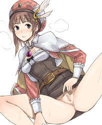 female atelier_(series) atelier_rorona blush brown_hair censored gus_(clarkii) hat no_panties pussy rororina_fryxell solo spread_legs spread_pussy